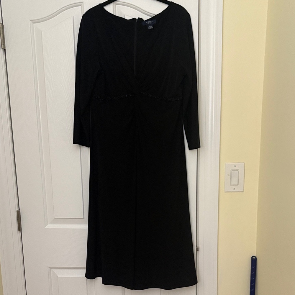 Chaps Black Long Sleeve Dress with Beaded Trim